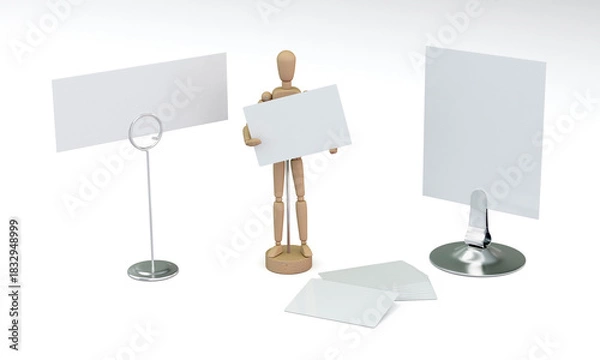 Fototapeta Wooden mannequin with blank cards isolated mockup 3D rendering