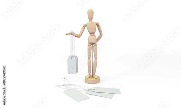 Obraz Wooden mannequin with blank tags isolated mockup 3D rendering