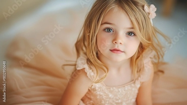 Obraz Little girl in an elegant princess dress with blonde hair looking at the camera. Portrait of a cute kid for a children birthday card.