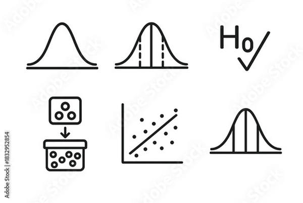 Fototapeta Statistical Icons Collection. Inferential Statistics linear icon set. probability curve, confidence interval graph, hypothesis test icon, scatter plot, data sampling, t-test chart