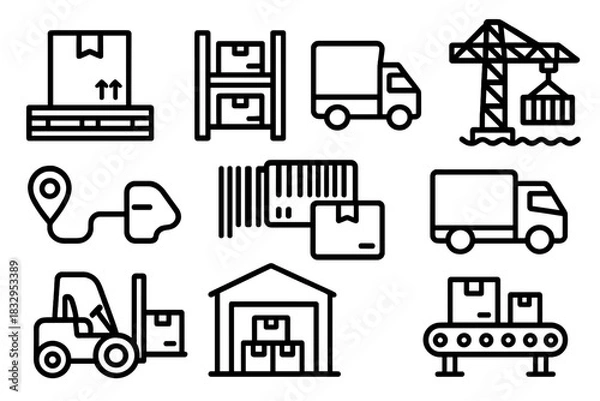 Fototapeta Logistics Icons Outline. Cargo Management Set linear icon set: cargo pallet, warehouse shelves, truck route, port crane, delivery barcode, transport icon, package loading