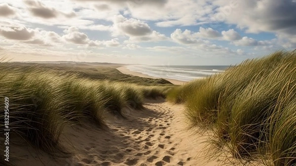 Obraz 砂の道、穏やかな海への誘い：自然の美しさを捉えた風景写真。温かみのある色調と柔らかい光が、リラックスした雰囲気を演出します。