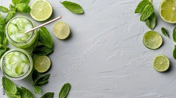 Fototapeta Overhead shot of two refreshing drinks with lime slices, mint leaves, and ice cubes on a gray textured background.