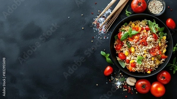 Fototapeta A top-down shot of a rice dish with fresh tomatoes, herbs, and spices, arranged on a dark, textured surface.