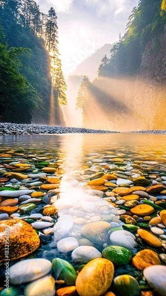 Fototapeta A scenic view of a river flowing through a canyon. Sunlight streams through the trees, creating beautiful reflections on the water and the colorful stones.