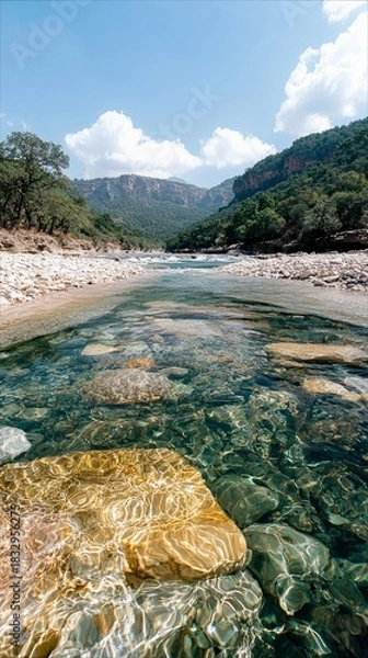 Fototapeta A clear river flows through a rocky canyon, surrounded by lush green vegetation and mountains under a bright blue sky with fluffy white clouds.