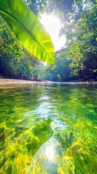 Fototapeta A vibrant image of a river flowing through a dense jungle. Sunlight streams through the trees, illuminating the green foliage and water. The scene evokes a sens