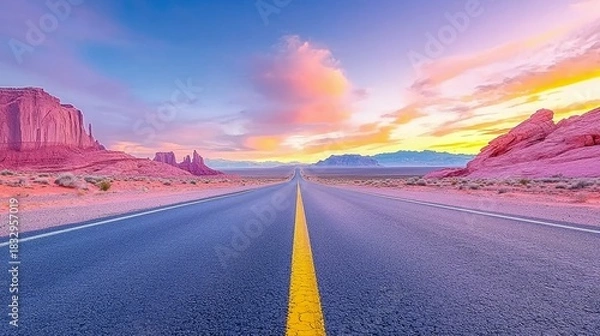 Fototapeta A long road stretches towards the horizon in Monument Valley, with colorful rock formations and a vibrant sunset sky.