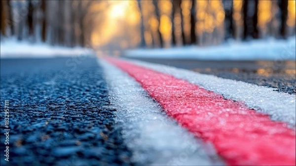 Fototapeta Close-up of a road with a red and white painted line, covered in ice and snow, leading towards a blurred background of trees and sunlight, creating a wintery at