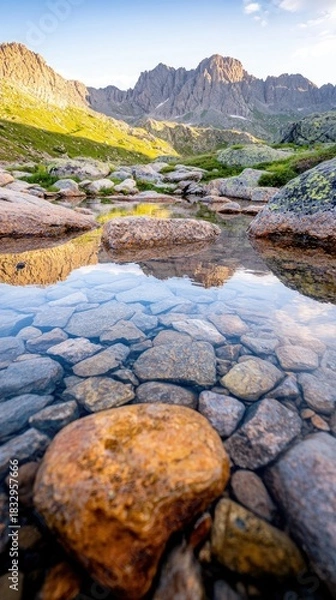 Fototapeta A clear stream with rocks reflecting the mountains in the background, under a sunny sky. A scenic landscape of nature.