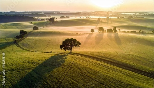Fototapeta Aerial view of a scenic landscape with rolling hills, trees, and fog illuminated by the sunrise. The image captures the beauty of nature.