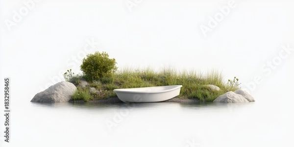 Obraz Tranquil islet with rowboat and lush grass