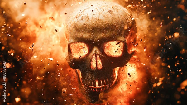 Obraz Ghost or skull close-up surrounded by floating golden particles, Halloween theme, spooky season illustration, eerie supernatural artwork, festive digital art ideal  