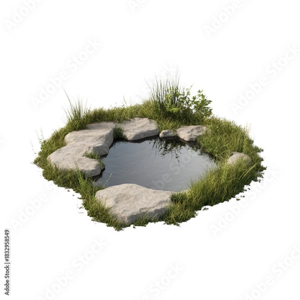 Obraz Serene garden pond surrounded by stone and grass