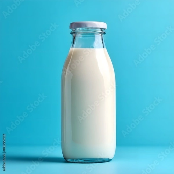 Fototapeta A pristine glass bottle, filled to the brim with creamy white milk, stands against a refreshing blue backdrop