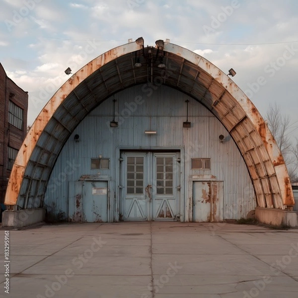 Fototapeta An aged hangar stands resilient under a vast sky, its weathered facade whispering stories of the past, representing industrial heritage.