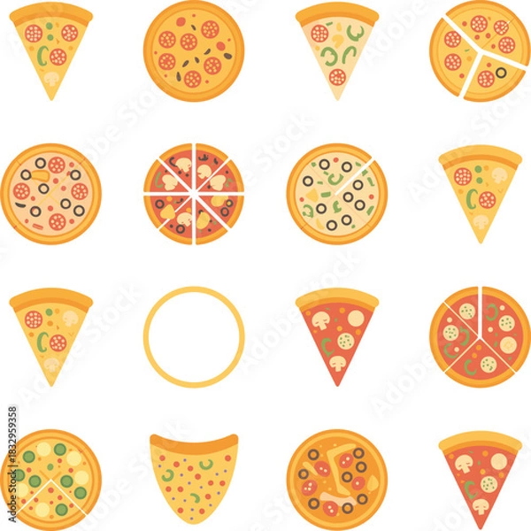 Fototapeta Flat cartoon pizza icon collection with slices and whole pizzas, various toppings, colorful food graphics set, fun Italian cuisine illustration