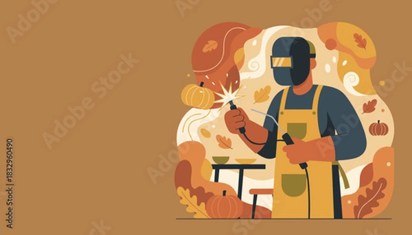 Fototapeta Welder in mask and apron making autumn art with a pumpkin Craftsmanship and fall season concept