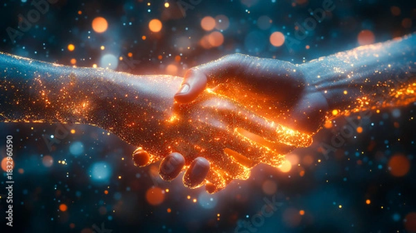 Obraz Holographic robotic arm handshake with glowing tech particles on a dark blurred background, futuristic sci-fi concept, digital technology illustration, modern cyber wallpaper design
