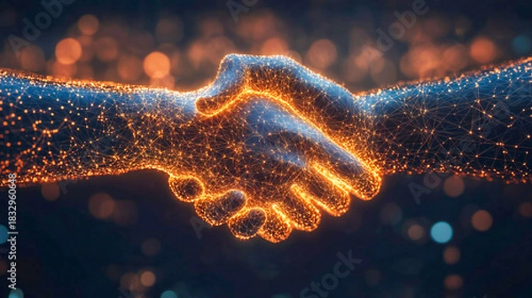 Obraz Holographic robotic arm handshake with glowing tech particles on a dark blurred background, futuristic sci-fi concept, digital technology illustration, modern cyber wallpaper design