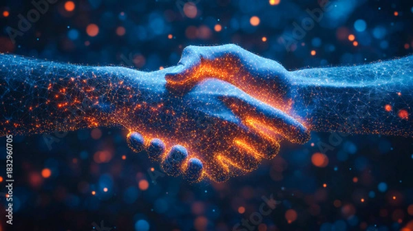 Obraz Holographic robotic arm handshake with glowing tech particles on a dark blurred background, futuristic sci-fi concept, digital technology illustration, modern cyber wallpaper design