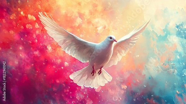 Obraz Holy Spirit dove on an abstract colorful watercolor backdrop, vibrant digital art painting, spiritual Christian illustration, bright devotional artwork ideal 