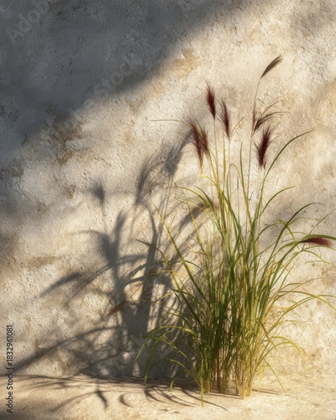 Fototapeta Ephemeral Dune Grass Shadows on a Rustic Plaster Wall, Morning Light