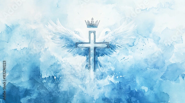 Obraz Holy Trinity symbols with cross, crown, and dove of the Holy Spirit, minimalist Christian iconography on white background, spiritual religious illustration, clean devotional artwork ideal  
