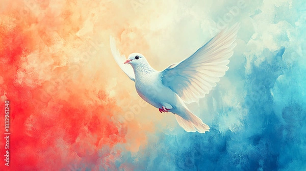Obraz Holy Spirit dove on an abstract colorful watercolor backdrop, vibrant digital art painting, spiritual Christian illustration, bright devotional artwork ideal 