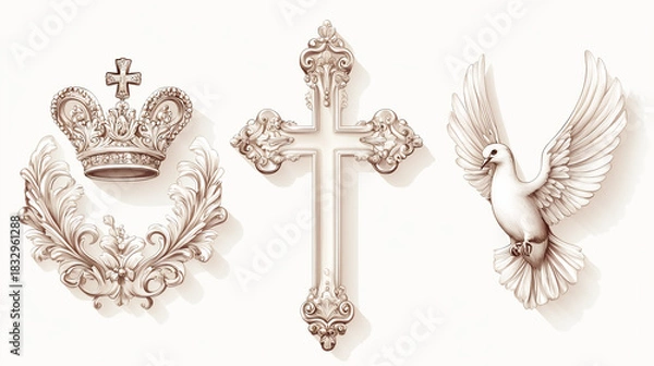 Obraz Holy Trinity symbols with cross, crown, and dove of the Holy Spirit, minimalist Christian iconography on white background, spiritual religious illustration, clean devotional artwork ideal  
