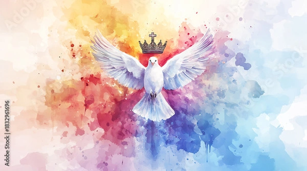 Obraz Holy Trinity symbols with cross, crown, and dove of the Holy Spirit, minimalist Christian iconography on white background, spiritual religious illustration, clean devotional artwork ideal  
