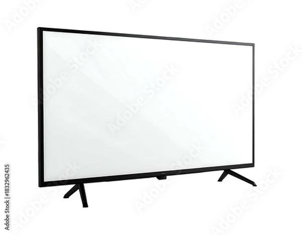 Fototapeta Modern black flat-panel TV, wide blank white screen, isolated dark