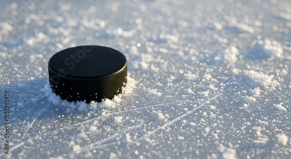 Obraz black hockey puck resting on a textured ice surface, surrounded by scattered snow particles.