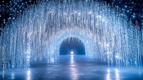 Obraz Icy cave grotto tunnel with sharp icicles and glowing light at the end, frozen landscape, cold winter environment, atmospheric digital illustration 