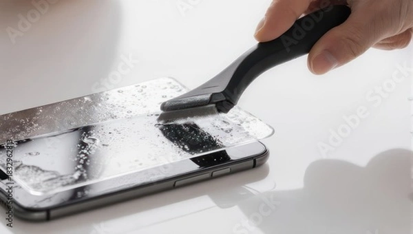 Fototapeta Person applying screen protector to smartphone for enhanced protection.
