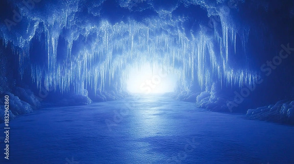 Obraz Icy cave grotto tunnel with sharp icicles and glowing light at the end, frozen landscape, cold winter environment, atmospheric digital illustration 