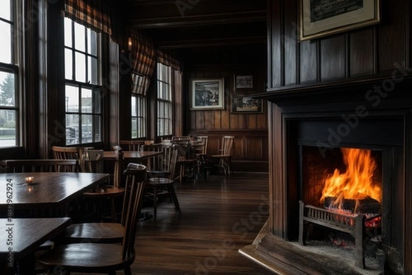 Obraz Rustic Scottish bar featuring a roaring stone fireplace