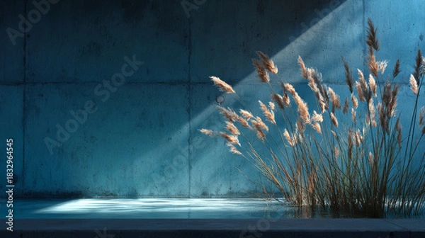 Fototapeta Cool Modernity of Sharp Reed Shadows on Sleek Minimalist Concrete Wall