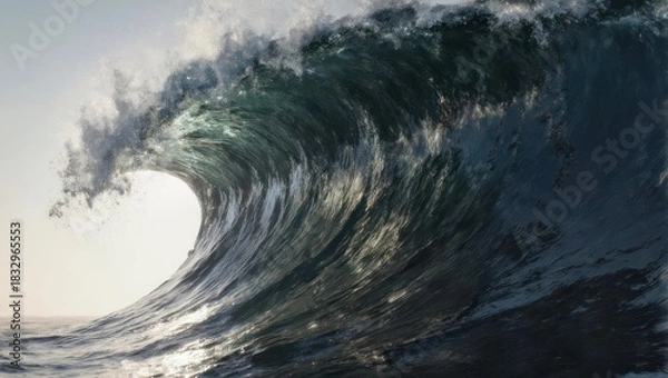 Fototapeta Powerful ocean wave cresting and curling with sunlight shining through the water.