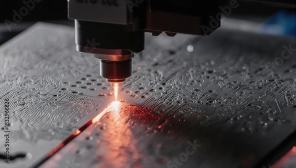 Fototapeta Precision Laser Cutting Machine Engraving Metal Surface with Sparks.