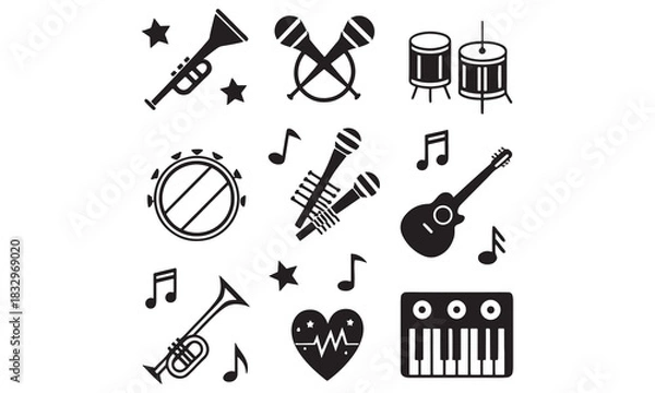 Fototapeta Music Icons Collection – Musical Instrument Symbols, Studio Tools & Sound Design Elements