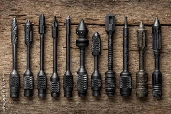 Obraz Close Up of Various Metal Drill Bits Arranged on a Wooden Surface