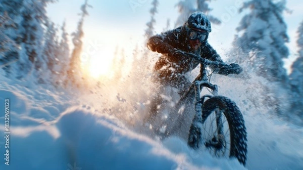 Obraz An exhilarating scene of a biker shredding through the snow-covered landscape, capturing the thrill of adventure in winter sports against a backdrop of a setting sun.
