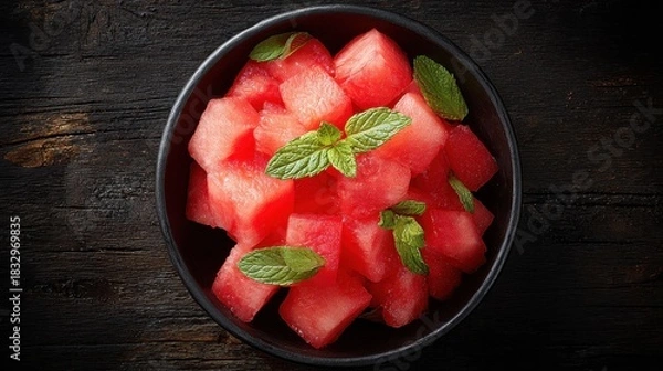 Obraz Close Up Shot of Fresh Watermelon Cubes and Mint Leaves in a Black Bowl on a Dark Wooden Table