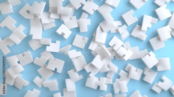 Obraz Scattered White Interlocking Pieces on Light Blue Background Minimalist Design.