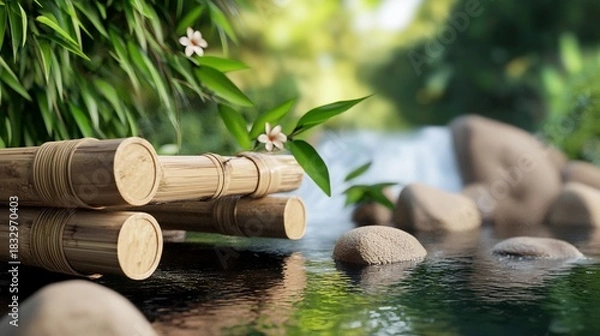 Obraz Serene Bamboo Bridge over Tranquil Water with Waterfall Backdrop.