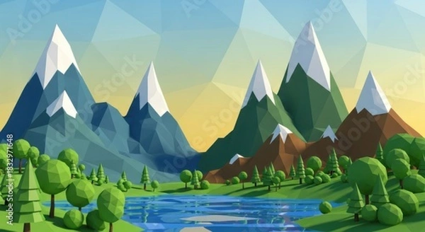 Obraz Stylized low poly mountain range landscape with lake reflecting polygonal trees