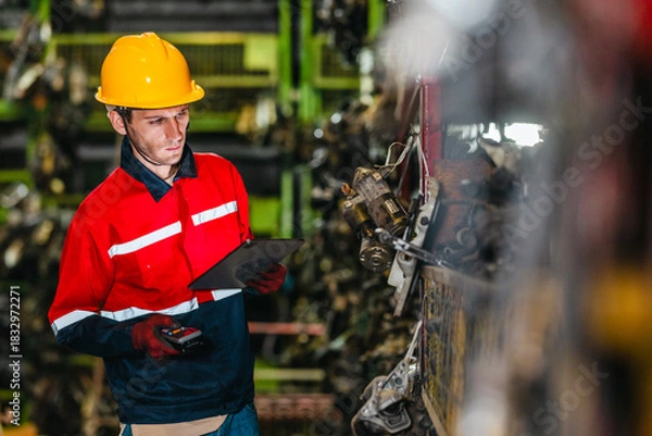 Fototapeta Technician Using Barcode Scanner and Tablet to Manage Auto Parts Inventory in Warehouse