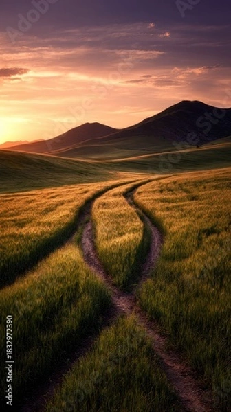 Obraz Dramatic Sunset Over Rolling Hills Landscape With Dirt Road Pathway Leading Through Fields