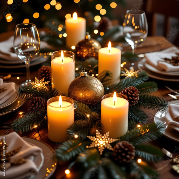 Fototapeta Elegant Christmas table setting with candles, ornaments, and decorations for festive celebration
